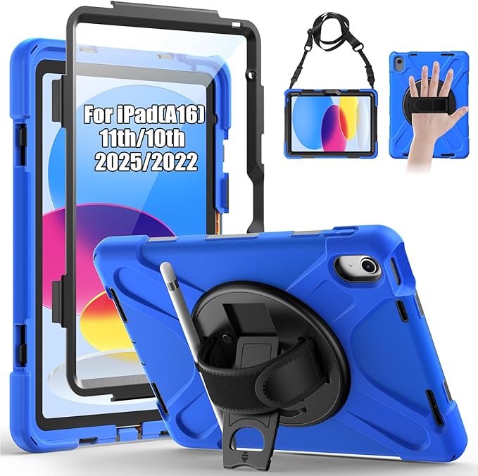 Gerutek Case for iPad (A16) 11th/10th Generation 11"/10.9" (2025/2022), Heavy Duty Shockproof Protective Case with Screen Protector, 360° Rotating Stand, Hand/Shoulder Strap, Pencil Holder - Blue