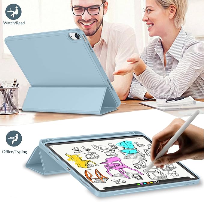 iMieet iPad Air 11 Inch Case M4/M3/M2(2026/2025/2024), iPad Air 5th/4th Generation Case 2022/2020 10.9 Inch with Pencil Holder,Trifold Stand Smart Case with Soft TPU Back(Light Blue)