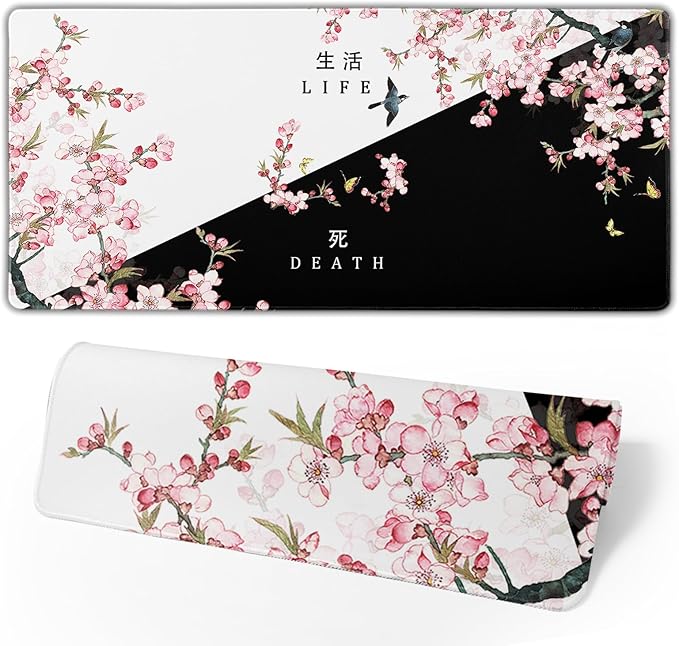Black and White Cherry Blossom Gaming Mouse Pad XL，Extended Large Mouse Mat Desk Pad,Japanese Pink Sakura Death Life Long Non Slip Rubber Base Mice Pad 31.5 X 11.8 Inch