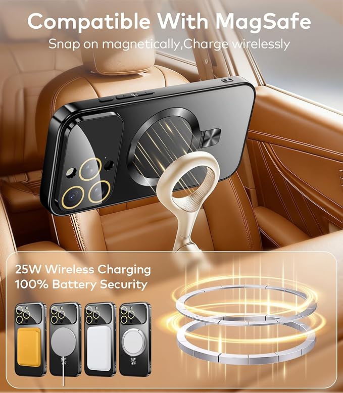 TOBOVON Magnetic for iPhone 16 Pro Max Case with Ring Stand, Fits MagSafe, with Built-in Camera Lens Protector, Slim Electroplated Shockproof Phone Cover, Black