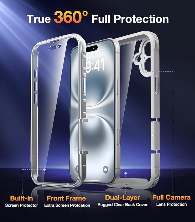 Diaclara Designed for iPhone 16 Plus Case 6.7 Inch,Upgraded [Full Camera Protection] Full Body Case w/Built-in Touch Sensitive Anti-Scratch Screen Protector for 16 Plus,White
