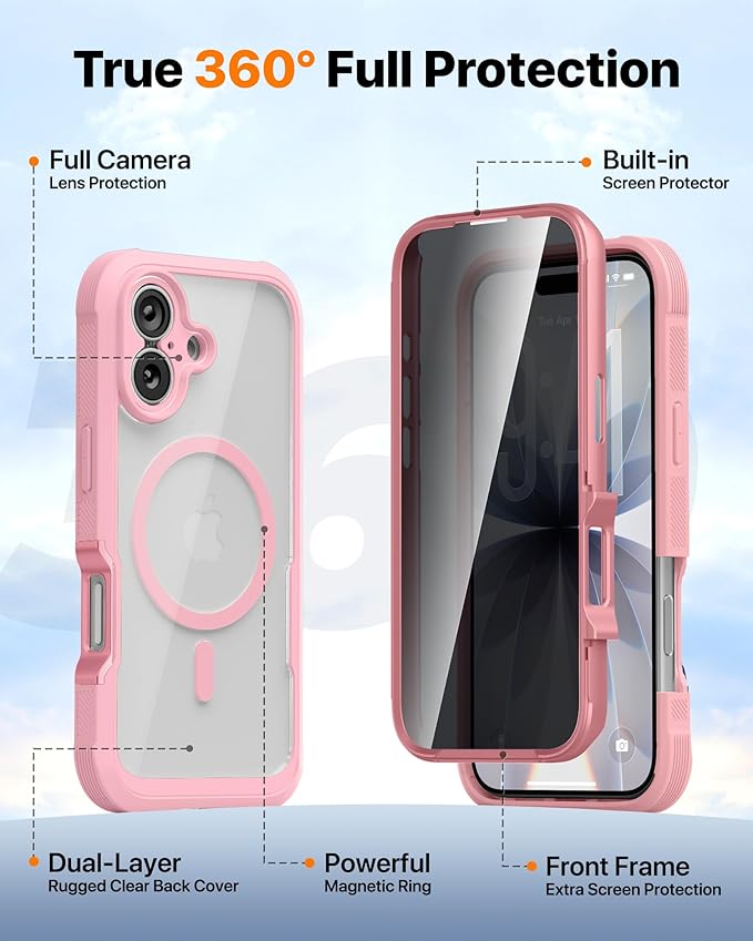 Diaclara Magnetic Designed for iPhone 17 Case 6.3'' [Full Camera Protection] Full Body Bumper with Privacy Screen Protector, [Compatible with MagSafe] Military Drop Proof Phone Case, Pink