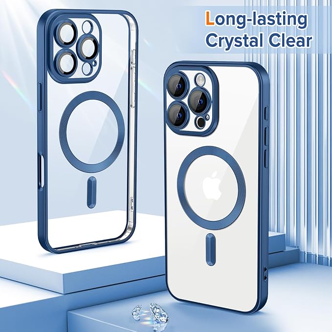 Hython Magnetic Clear for iPhone 16 Pro Max Case with Camera Lens Protector [Compatible with MagSafe] Plating Edge Slim Soft TPU Cover Protective Phone Case for iPhone 16 Pro Max, Matte Deep Blue