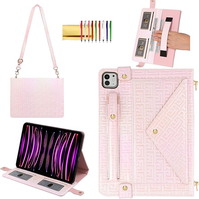Shiny Case for iPad Pro 11" 2018-2022 / Air 10.9" 11" Handbag with Hand Strap, Techcircle Crossbody Iridescent Folio Stand Wallet Case with Pencil Holder+Card Slots+Shoulder Strap, Shiny Pale Pink