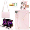Shiny Case for iPad Pro 12.9" 6th/5th/4th Gen & iPad Air 13-inch Handbag w/Hand Strap, Techcircle Crossbody Iridescent Folio Stand Wallet Case w/Pencil Holder+Shoulder Strap, Shiny Pale Pink