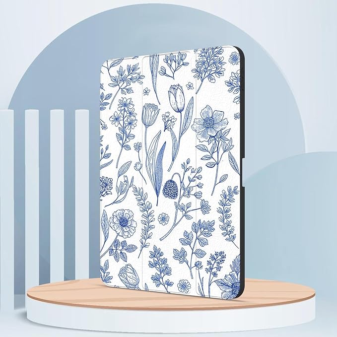 Case for iPad Pro 11 inch 4th/ 3rd/ 2nd / 1st Generation (2022/2021/2020/2018), Case with Pencil Holder, Stand Clear Back Cover Cute Cool Design for Women Girls, Auto Sleep/Wake, Blue Flower