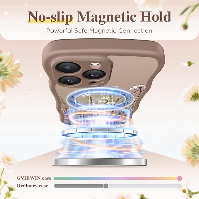 GVIEWIN for iPhone 14 Pro Case Compatible with MagSafe [Curly Wave Edge][Full Camera Protection] Floral Translucent Shockproof Magnetic Women Phone Case for 14 Pro, Floratopia/Brown