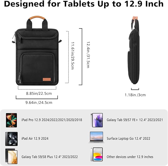 MoKo 10-13 Inch Tablet Sleeve Carrying Bag Fits New 13" iPad Pro M5 & Air M3 2025, i-Pad Pro 12.9/11, 11" iPad A16/Air M3,Galaxy Tab S9/S8 Plus 12.4, with Shoulder Strap, Handle and Pockets, Black