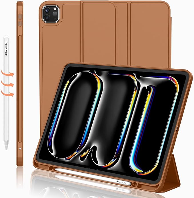 iMieet Case for iPad Pro 11 Inch (M5) 2025 /(M4) 2024 5th Gen, Trifold Stand Smart Cover with Pencil Holder and Soft TPU Back, Auto Wake/Sleep (Brown)