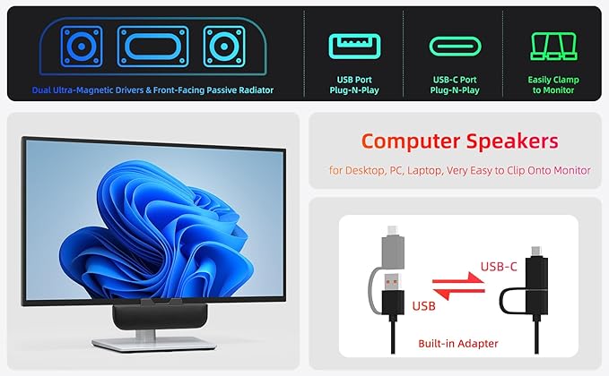 Computer Speakers for Desktop PC, Monitor Speakers, USB Plug-in, Wired, External Speaker for Laptop, Small Computer Soundbar for PC, with Loud Sound, Deep Bass, USB-C Adapter, Easily Clamp to Monitor
