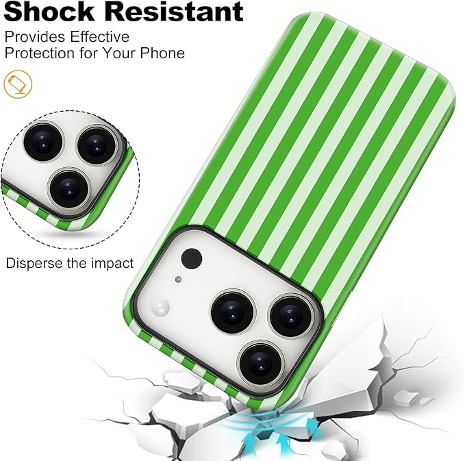 Magnetic for iPhone 17 Pro Max Case Cute Stripes Phone Case, Shockproof Slim TPU and Hard PC Protective Phone Cover Compatible with MagSafe Designed for Women Girls, Deep Green