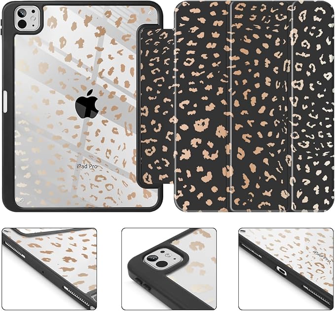 May Chen Case for iPad Pro 11-Inch M5/M4 2025/2024 (6th/5th Generation), Clear Transparent Print Back Shell Slim Stand Shockproof Tablet Cover, Auto Wake/Sleep, Leopard Print
