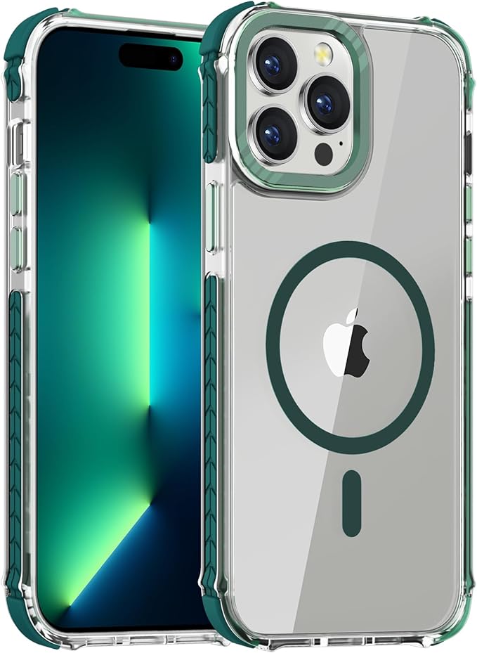 DEERLAMN Strong Magnetic Case for iPhone 13 Pro 6.1-Inch,[Compatible with Magsafe][Military-Grade Protection] Clear Slim Shockproof Protective Phone Cover for Women Men-Transparent+Green
