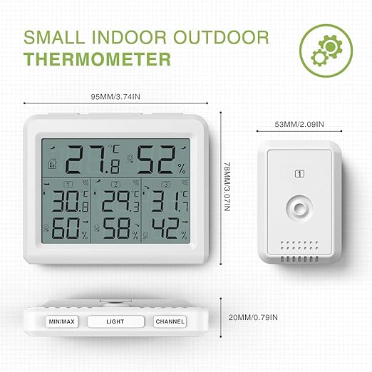 KeeKit Indoor Outdoor Thermometer, Digital Hygrometer Meter Gauge with 3 Wireless Sensors, Temperature Humidity Monitor with LCD Backlight, Min/Max Record for Home, Office, Restaurants, Bars, Café