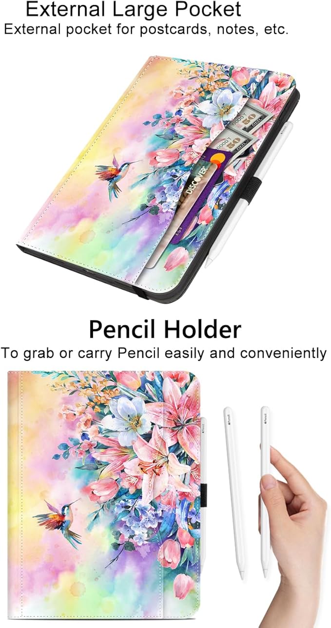 Vimorco for iPad Pro 13 Inch Case, for iPad Air 13 Inch Case, Fit for iPad Pro 12.9 Cases 6th/5th/4th/3th Generation 5 Stand Angles/Typing Stand/Pencil Holder/Card Pockets, Hummingbird Flower