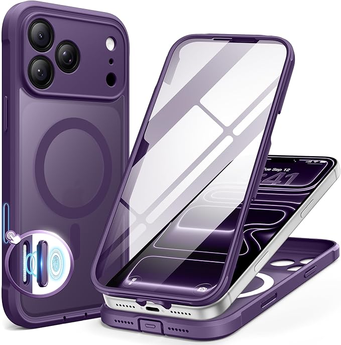 BERFY for iPhone 17 Pro Case, Compatible with MagSafe, Built-in Glass Screen Protector, Camera Protection, Shockproof Full Body Phone case 6.3", Translucent Deep Purple