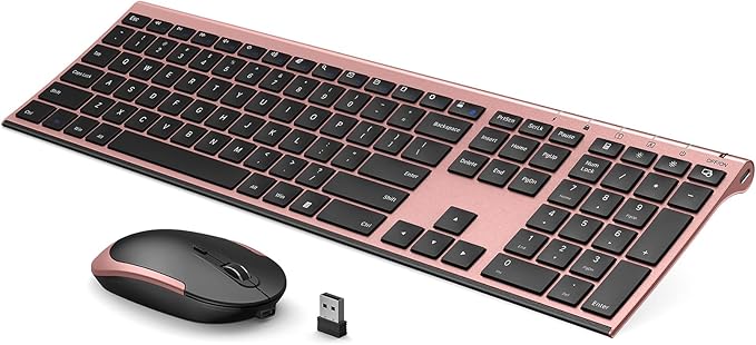 Wireless Keyboard and Mouse, Vssoplor Rechargeable Quiet Full-Size Keyboard and Mouse Combo Set Ultra Slim Design for Laptop, PC, Notebook, Desktop-Black and Rose Gold