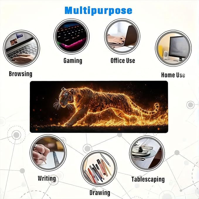 Tiger Mouse Pad Large Fire Running Animal Wildlife Mousepad XL Large Gaming Mouse Pad Laptop Keyboard Mat Desk Pad Great for Work-from-Home or Office Use 31.5x11.8 Inch