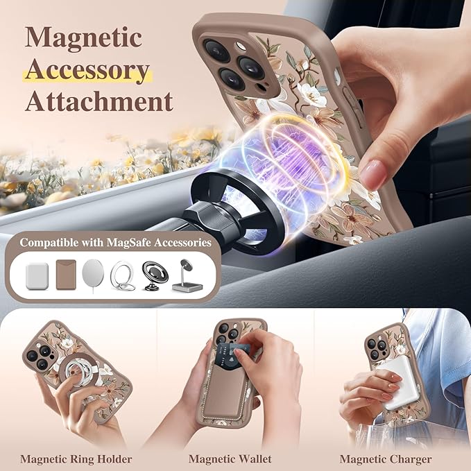 GVIEWIN for iPhone 14 Pro Case Compatible with MagSafe [Curly Wave Edge][Full Camera Protection] Floral Translucent Shockproof Magnetic Women Phone Case for 14 Pro, Dogwood/Brown