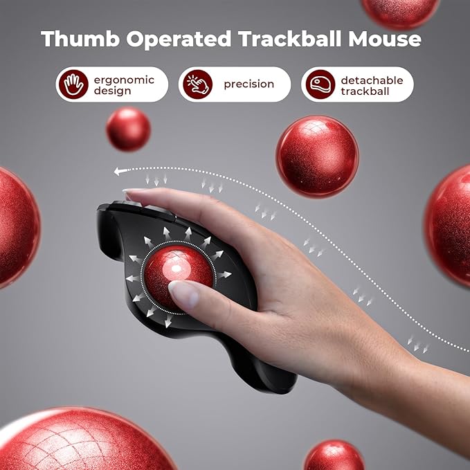 seenda Wireless Trackball Mouse, Ergonomic Bluetooth Rollerball Mouse Rechargeable, 3 Device Connection Optical Mice Adjustable DPI Thumb Control Mice Compatible for PC/Laptop/Windows/Mac - Black&Red