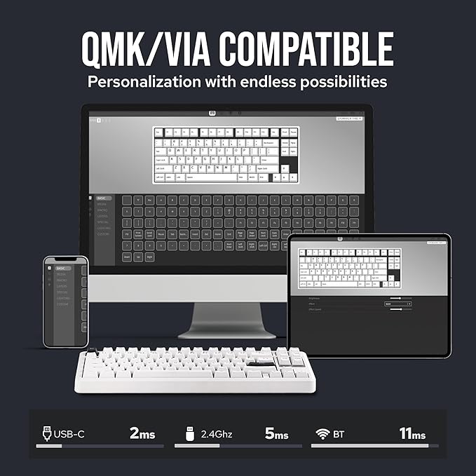 EPOMAKER TH85 QMK/VIA Wireless Gaming Keyboard, BT5.0/2.4GHz/USB-C, Hot Swappable Pre-lubed Custom Milk Blue Tactile Switches, Gasket Creamy Keyboard for PC/Mac/Office/Gaming (White)