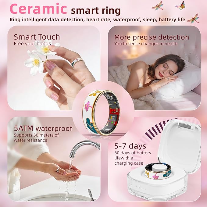 Smart Ring Health Tracker, Men & Women, Featuring a Heart Rate Monitor, Sleep Tracker, 8 Exercise Modes, Step Counter, IP68 Waterproof (White, 8)