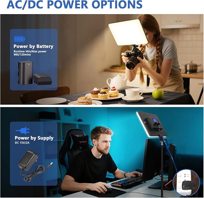 Led Video Light Panel, 20W Bi-Color Photography Lighting Kit with 4000mAh Battery, Dimmable 2500-8500K Conference Studio Light for YouTube/TikTok, AC Power Charger