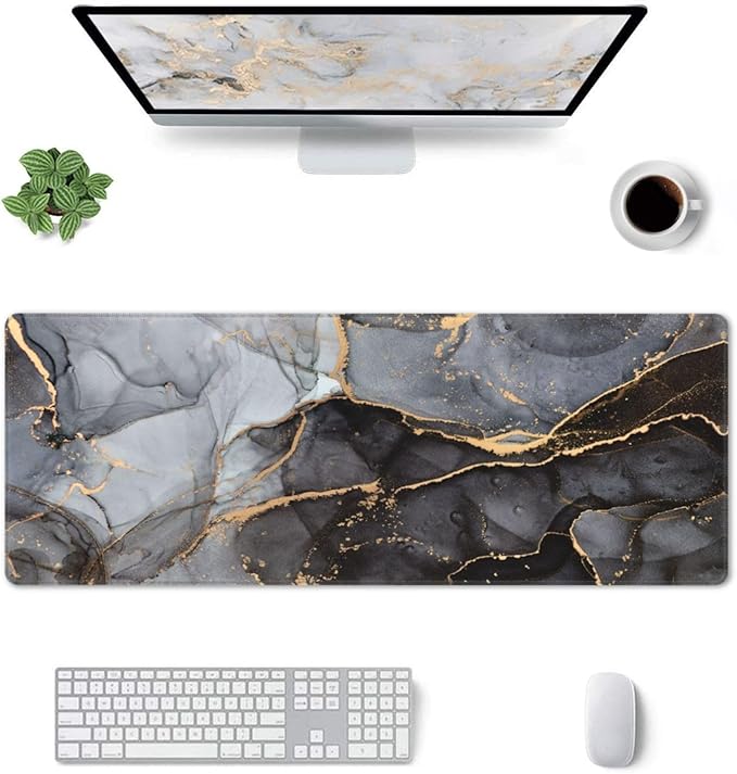 Grey Black Gold Marble Print Large Mouse Pad with Stitched Edges Long Non-Slip Rubber Base Mousepad Laptop Keyboard Mat Desk Pad for Office Home Desk Decor, 31.5" X 11.8"