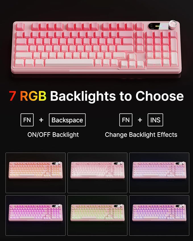 EWEADN V102 Wired Keyboard, 98 Keys Creamy Gaming Keyboard with Number Pad, Display Screen & Media Knob RGB Silent Wired Cute Computer Keyboard for Laptop PC Gamer - Gradient Pink