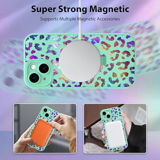 KANGHAR Compatible with iPhone 15 Case, Support for MagSafe, Silicone Cute Iridescent Leopard Cheetah Pattern, Wristband Kickstand Shockproof Protective Slim Cover for Women Girls, Green