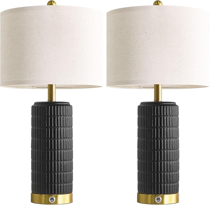 PoKat Ceramic Table Lamps Set of 2 for Living Room, 25'' Modern Touch Bedside Lamps for Bedroom with 2 USB Ports, Farmhouse Black Matte-Textured Nightstand Lamps Office Home Decor (Bulbs Included)