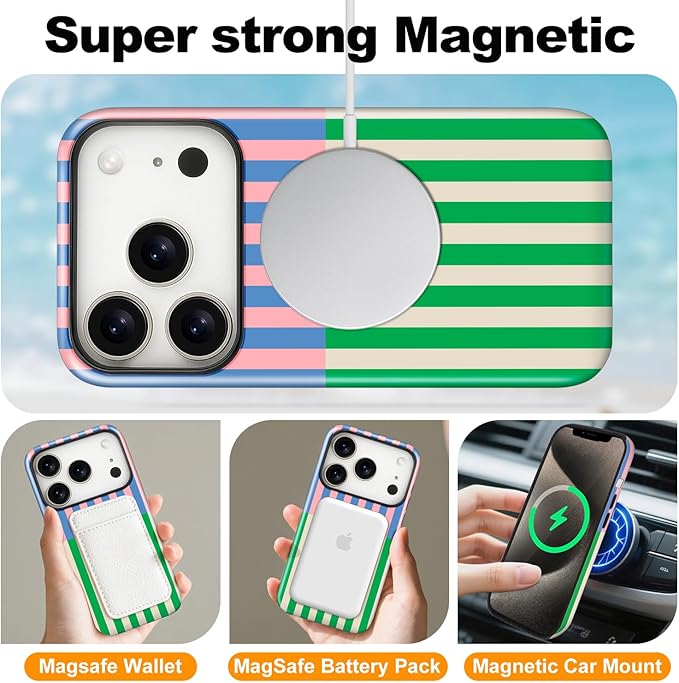 Magnetic for iPhone 16 Plus Case Cute Stripes Phone Case, Shockproof Slim TPU and Hard PC Protective Phone Cover Compatible with MagSafe Designed for Women Girls, Gray