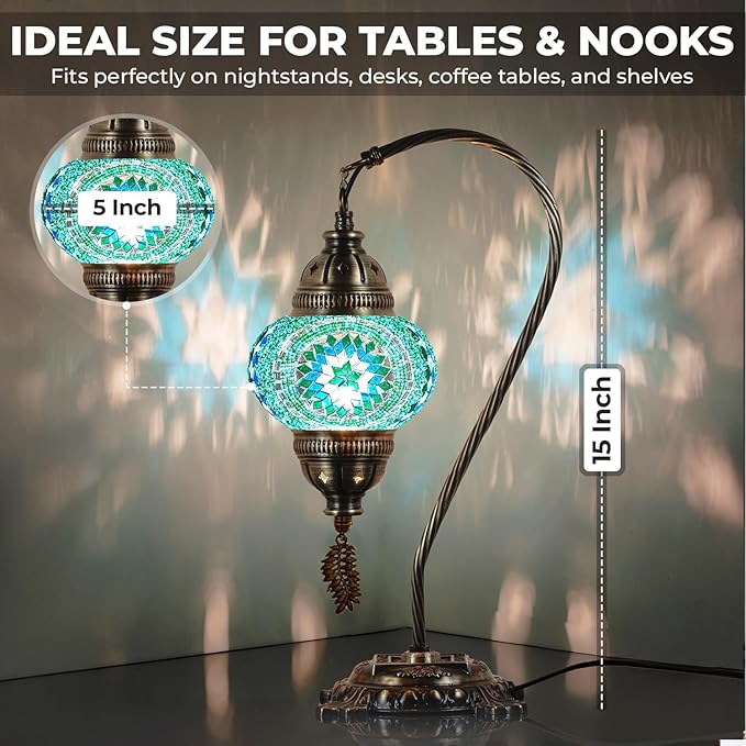 DEMMEX Turkish Moroccan Mosaic Table Lamp – Handcrafted Tiffany-Style Colorful Glass Swan Neck Bedside, Desk, Table Light, Boho Artisan Accent Lighting for Bedroom or Living Room – 15" H, Turquoise