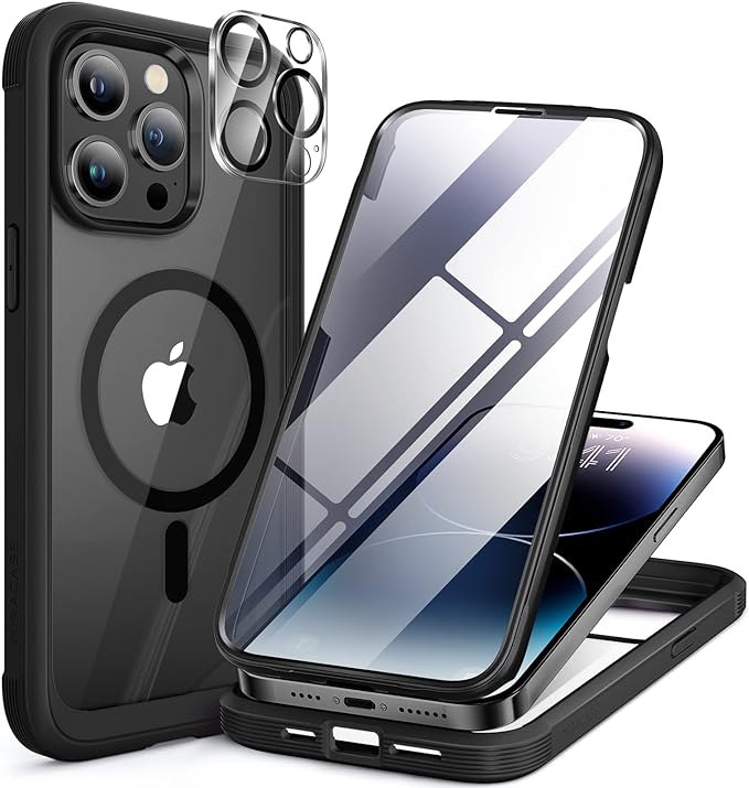 Miracase Magnetic for iPhone 14 Pro Case 6.1 inch, (Compatible with MagSafe) Upgrade Full-Body Clear Phone Bumper Case with Built-in 9H Tempered Glass Screen Protector, Black