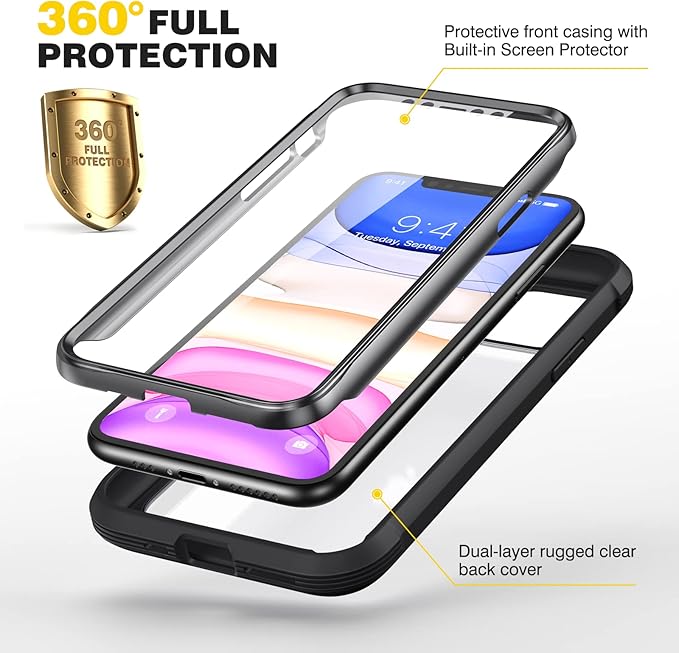 Diaclara Compatible with iPhone 11 Case, Full Body Rugged with Built-in Touch Sensitive Anti-Scratch Screen Protector, Soft TPU Bumper Case Clear Compatible with iPhone 11 6.1" (Black and Clear)
