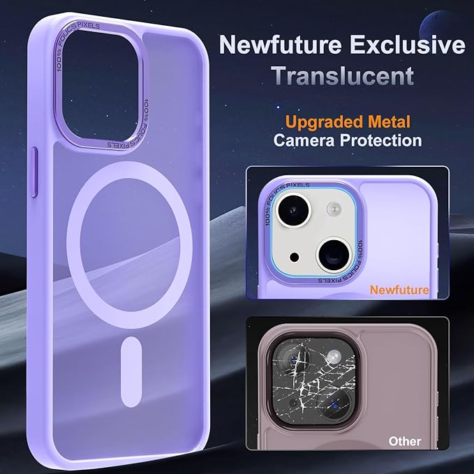 Newfuture Designed for iPhone 13 Case & iPhone 14 Case with Magnetic [13 FT Military Drop Protection] [Compatible with Magsafe] Translucent Shockproof with Anti-Fingerprint Phone Case, Lilac Purple