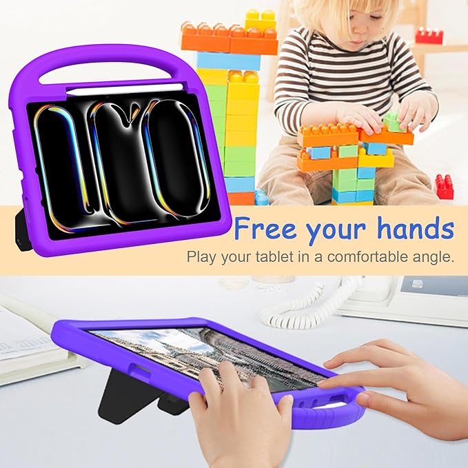 Kids Case for iPad Pro 11" M5 2025/M4 2024 & iPad Air 11" M3 2025/M2 2024, Techcircle Child Shock Proof EVA Protective [Support Pencil Charging] Handle Stand Cover, Purple