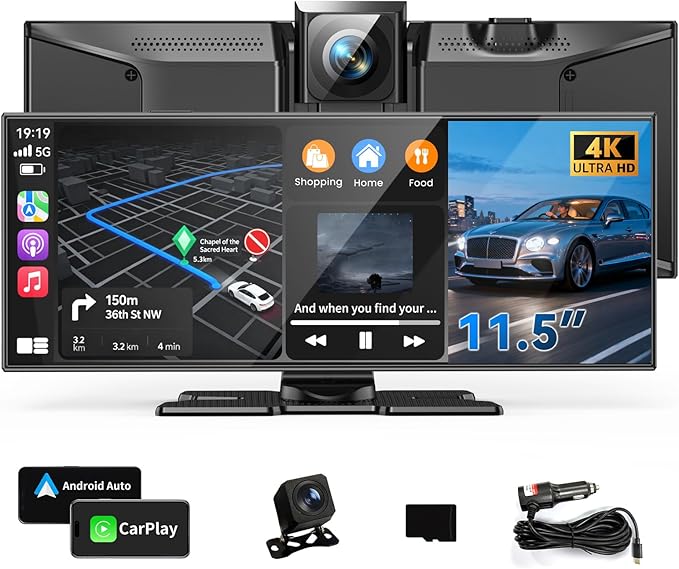 11.5" Largest Wireless Carplay Screen for Car, Portable Apple Carplay & Android Auto Touch Screen, 4K Dash Cam/App Control/1080p Backup Camera/Mirror Link/Voice Control/GPS/Bluetooth,for All Vehicles