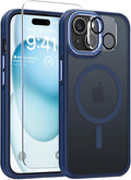 DOMAVER Magnetic 3 in 1 for iPhone 15 Case, [Omni-Directional Protection] with 1x Screen Protector + 1x Camera Cover, [Seamless Work with Magsafe] Protective Silm Case for iPhone 15 Blue