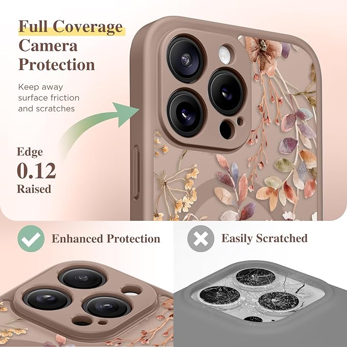 GVIEWIN for iPhone 16 Pro Max Case Compatible with MagSafe, [Military Grade Protection] [Screen Protector] Full Camera Protection Floral Translucent Women Magnetic Phone Case, Corn Poppy/Brown