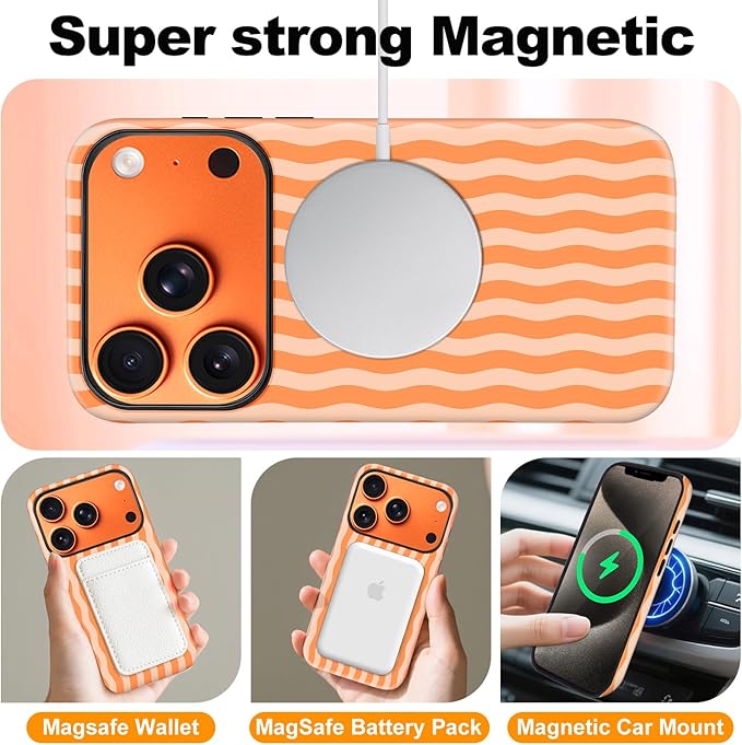 Magnetic for iPhone 17 Pro Case Cute Wavy Stripes Phone Case, Shockproof Slim TPU and Hard PC Protective Phone Cover Compatible with MagSafe Designed for Women Girls, Orange