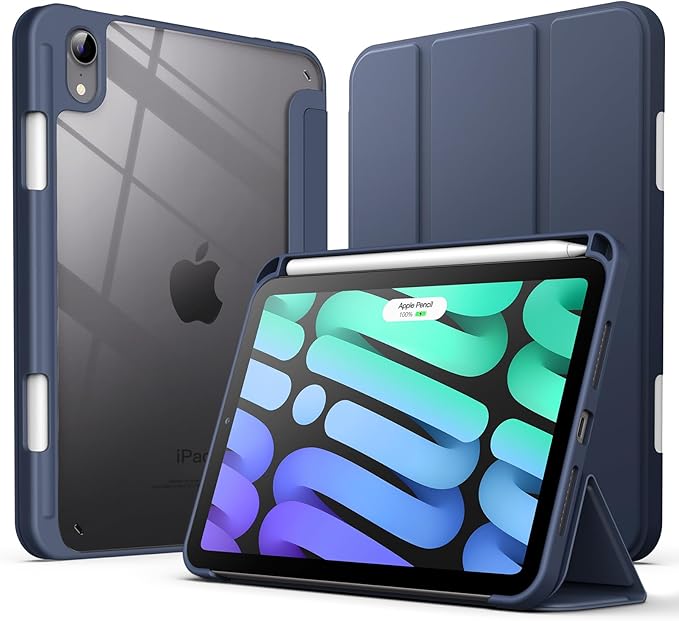 JETech Case for iPad mini (A17 Pro, 2024 Model, 7th Generation) / mini 6 (2021 Model, 6th Generation) with Pencil Holder, Clear Back Shell Slim Stand Tablet Cover, Auto Wake/Sleep (Navy)