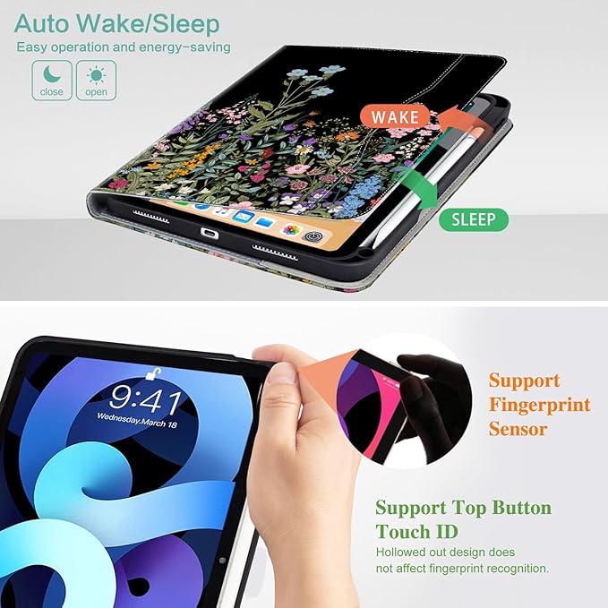 for iPad (A16) 11Th/10Th Generation Case 2025/2022,for iPad Case 11th/10Th Generation 360 Degree Rotating 4 Viewing Angles Pencil Holder/Hand Strap/Pocket Auto Wake/Sleep Cover, Black Flowers