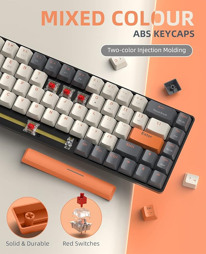 ZIYOU LANG RK68 60% Wireless Mechanical Keyboard, Bluetooth 5.0/2.4Ghz Dual Mode 2-in-1 USB-C Receiver Mini Mechanical Keyboard, Hot Swappable Red Switch Gaming Keyboard for PC/MAC/Laptops