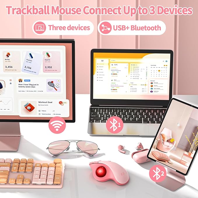 seenda Wireless Trackball Mouse, Ergonomic Bluetooth Rollerball Mouse Rechargeable, 3 Device Connection Optical Mice Adjustable DPI Thumb Control Mice Compatible for PC/Laptop/Windows/Mac - Pink