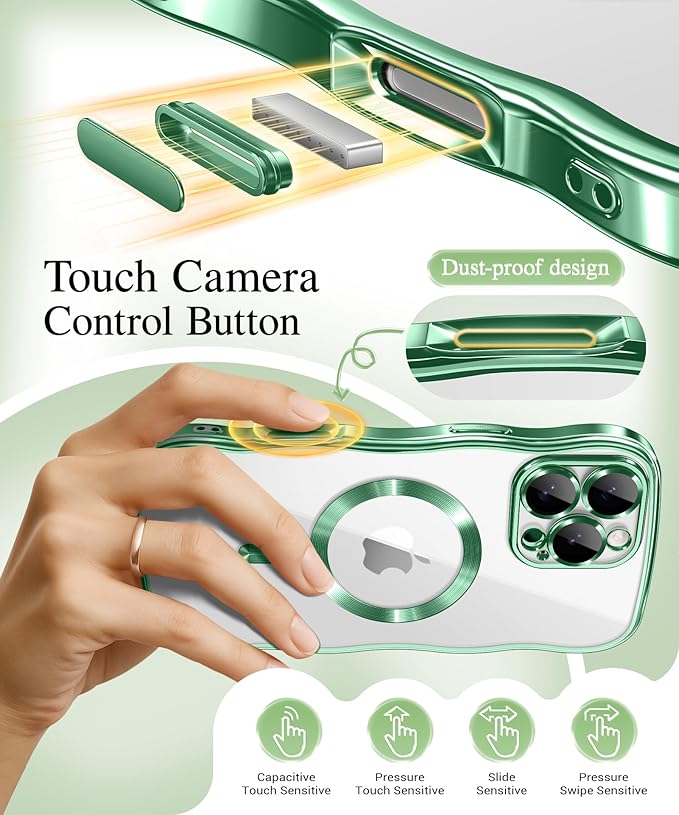 GVIEWIN for iPhone 16 Pro Case Compatible with MagSafe, Upgraded [Full Camera Protection][Cute Wave Frame][Military Grade Protection] Electroplated Soft Phone Cover for Women Girl, Clear/Green