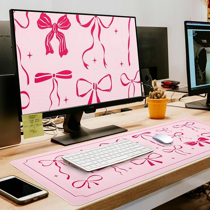 L-SPOUTTO Pink Bow Desk Mat for Keyboard and Mouse,XXL Large Mouse Pad Non-Slip Keyboard Pad Waterproof Desktop Mat for Laptop Computer Work Game Home Office-Pink Ribbon