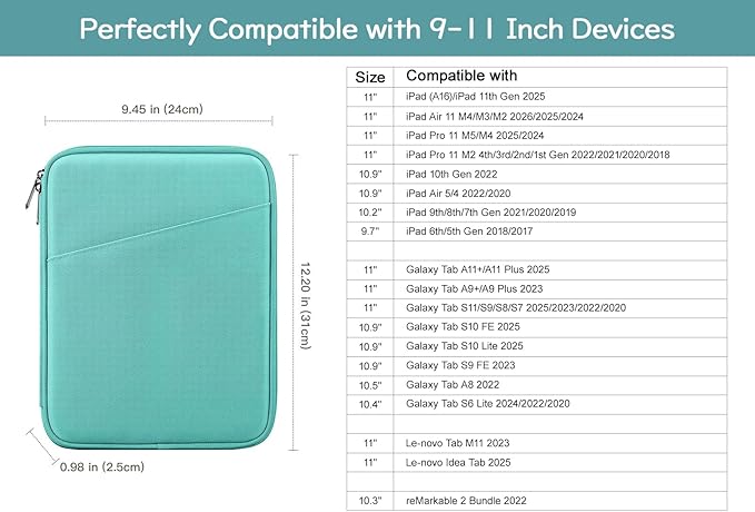 Dadanism 9-11" Tablet Sleeve Bag Carrying Case for iPad (A16) 11th Gen 11", iPad 10th Gen 10.9" Air 5/4, iPad Air M4/Pro 11", iPad 9/8/7th, Galaxy Tab A11+ Plus 11", Remarkable 2 10.3", Lake Blue