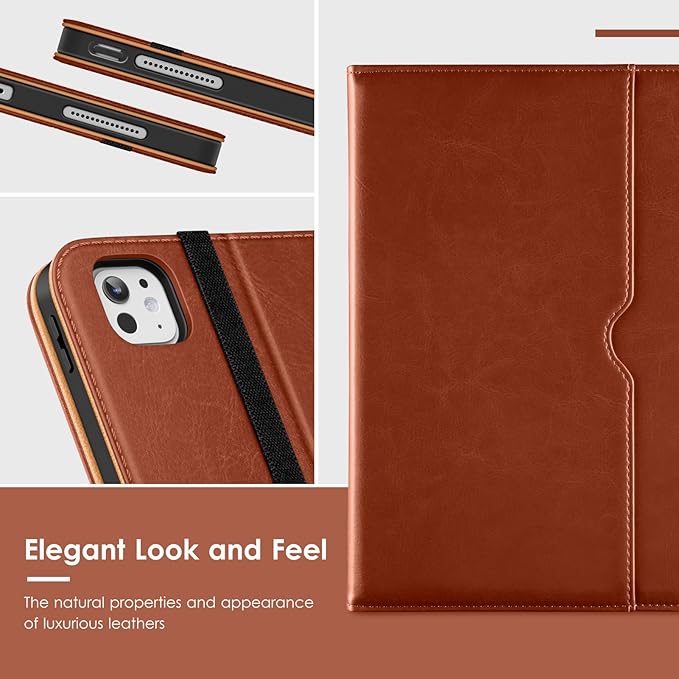 VIKESI Case for iPad Pro 13-inch M5 or M4 Released in 2025 or 2024, Leather Stand Cover with Apple Pencil Holder, Auto Wake/Sleep, Multiple Viewing Angles, Built in Hand Strap & Pocket,Brown