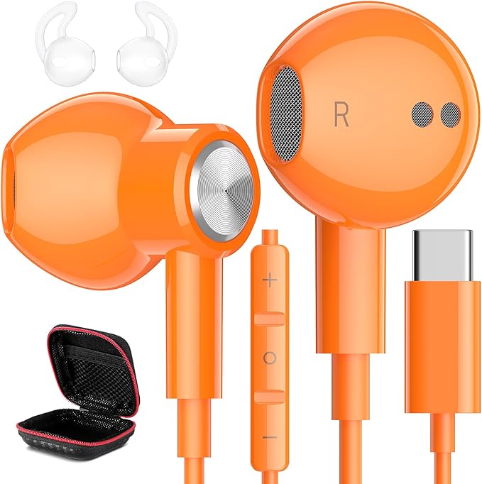 USB C Headphones Wired Type C Earphones for Samsung/Galaxy S26 S25 S24 Plus S23 S22 S21 S20 Ultra Magnetic Corded Earbuds for iPhone 15 Pro Max 16 16e 17 17e Air for Apple/Android Ear Buds Orange
